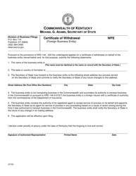 Form WFE Certificate of Withdrawal (Foreign Business Entity) - Kentucky