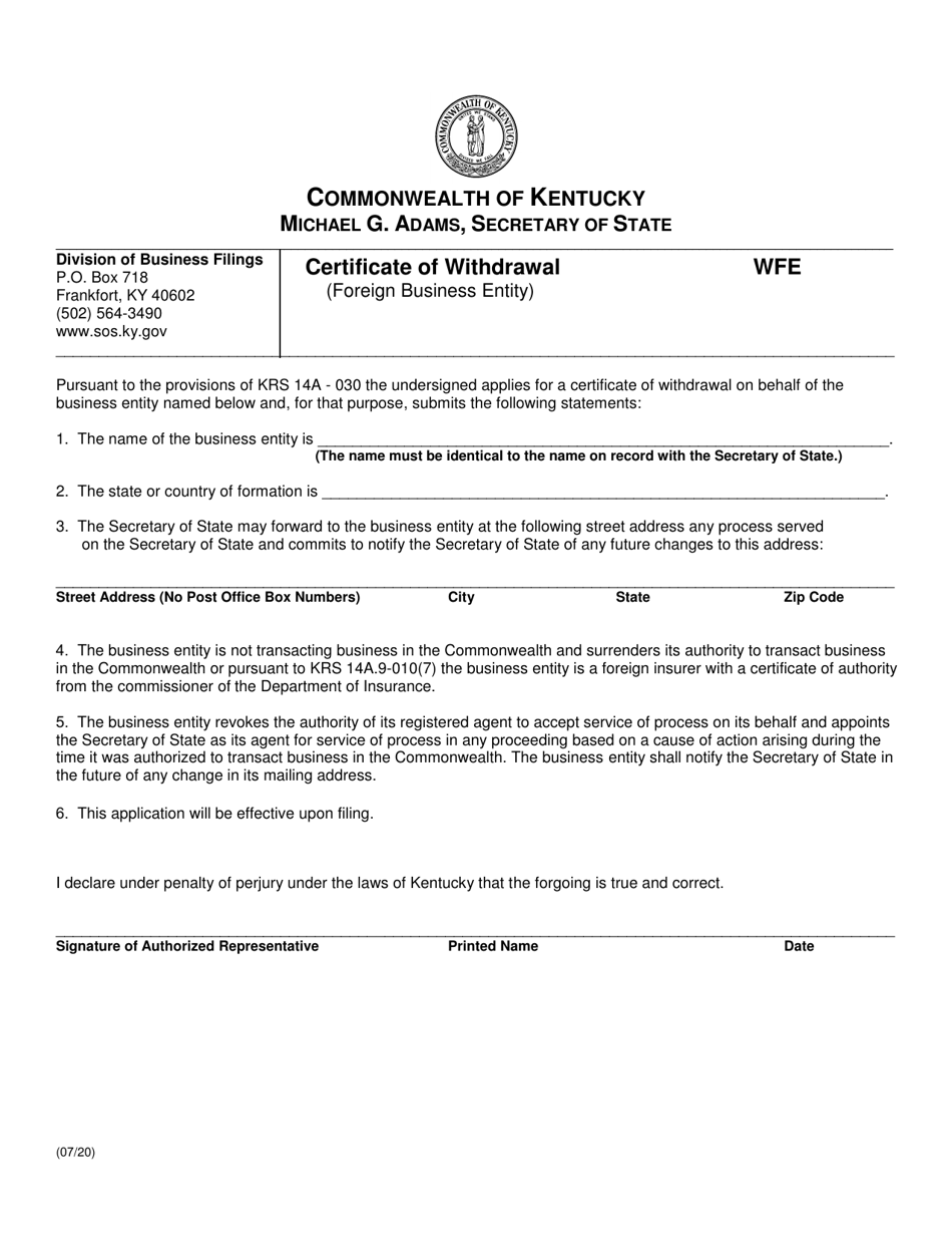 Form WFE Certificate of Withdrawal (Foreign Business Entity) - Kentucky, Page 1
