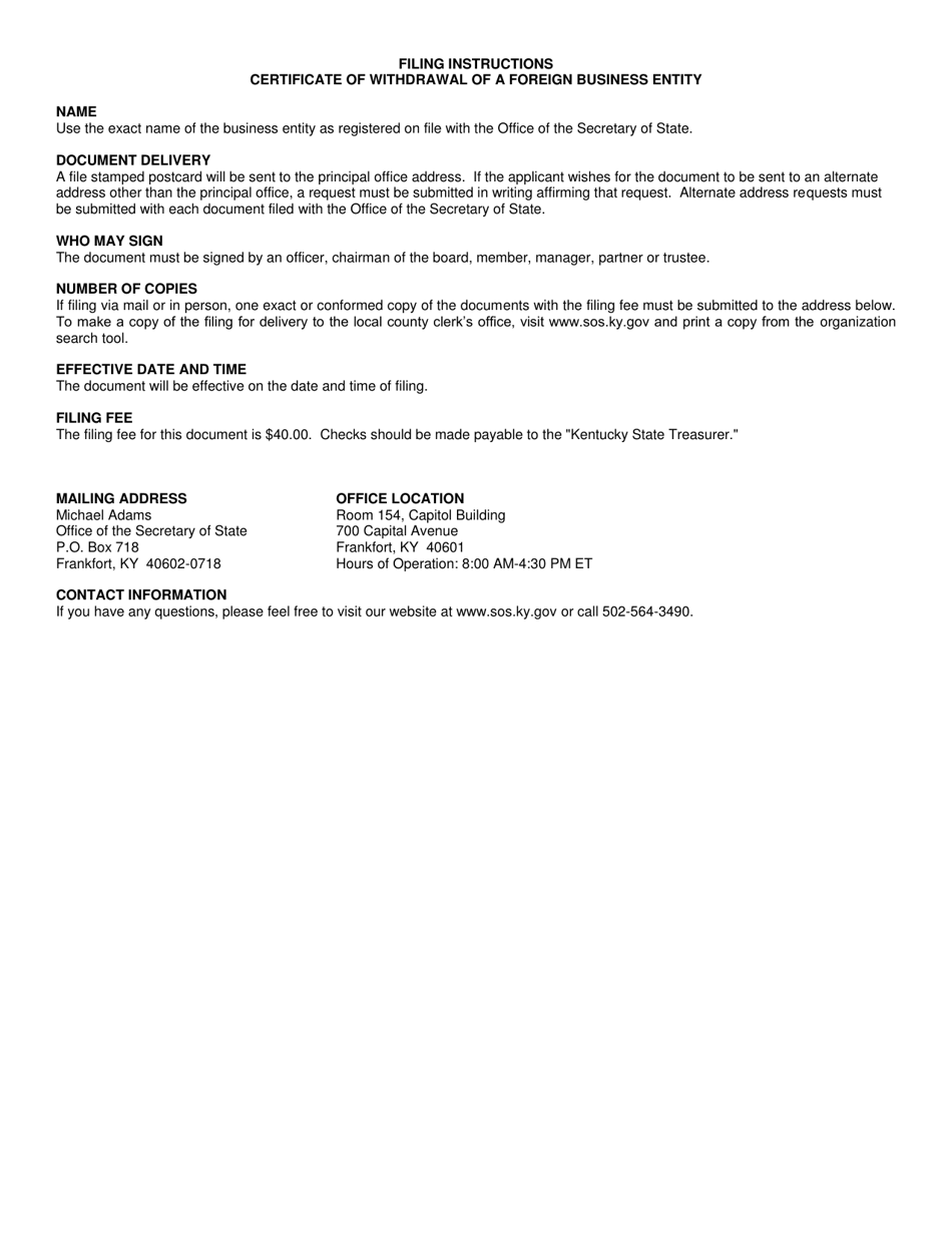 Form WFE Certificate of Withdrawal (Foreign Business Entity) - Kentucky, Page 2