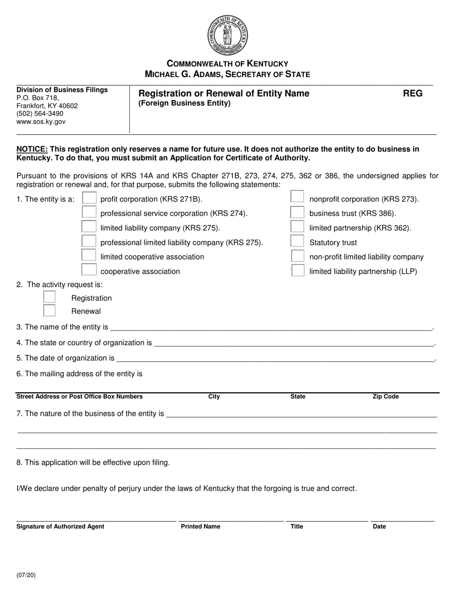 Form REG Registration or Renewal of Entity Name (Foreign Business Entity) - Kentucky, Page 1