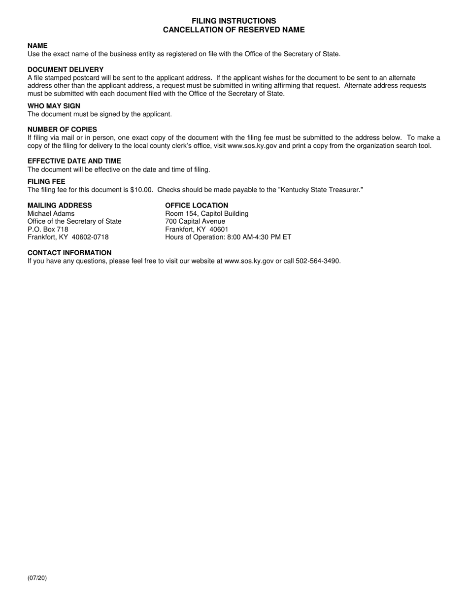 Form CCR Cancellation of Reserved Name (Domestic and Foreign Entity) - Kentucky, Page 2