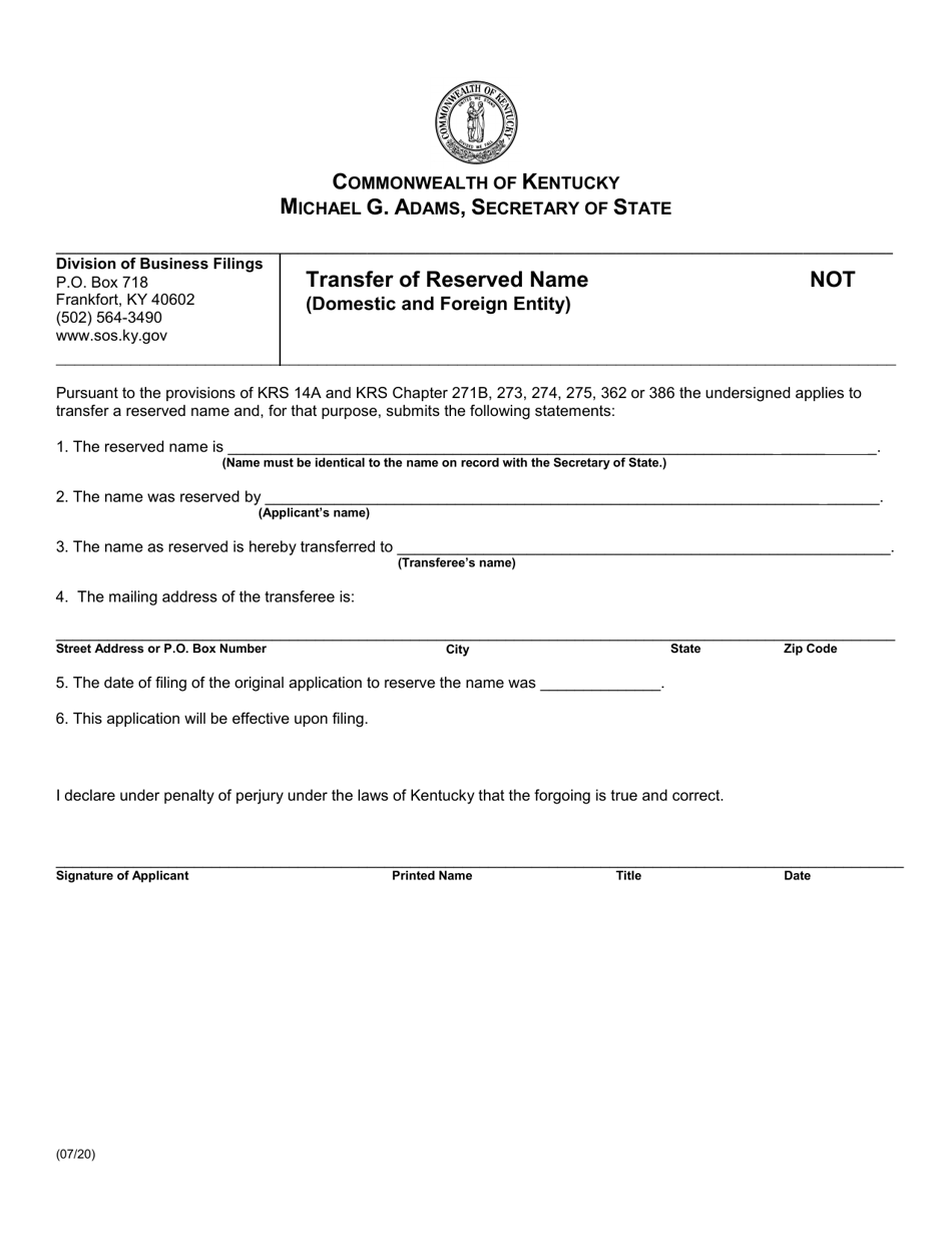 Form NOT Transfer of Reserved Name (Domestic and Foreign Entity) - Kentucky, Page 1
