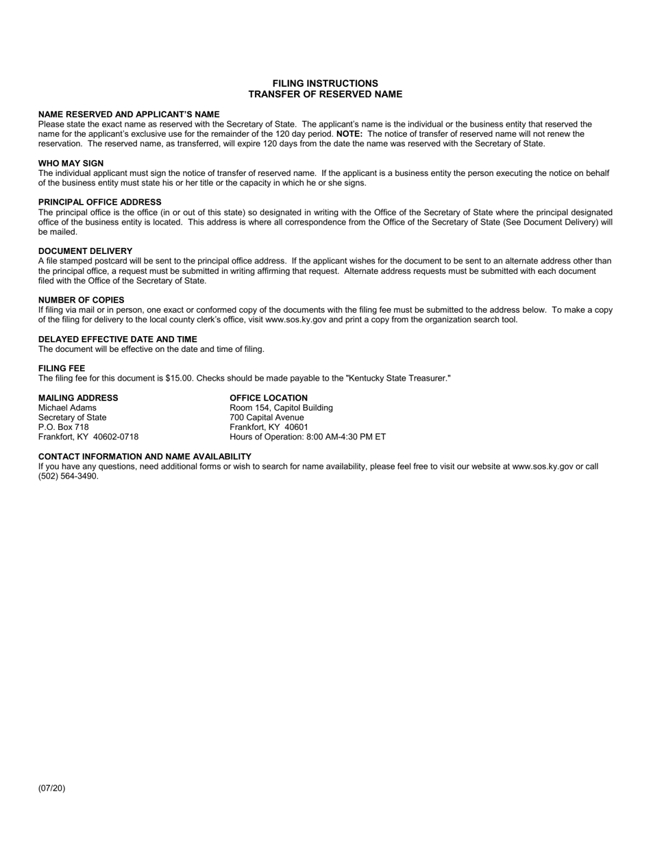 Form NOT Transfer of Reserved Name (Domestic and Foreign Entity) - Kentucky, Page 2