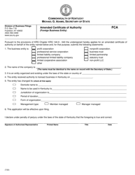 Form FCA &quot;Amended Certificate of Authority (Foreign Business Entity)&quot; - Kentucky