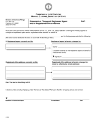 Form RAC Statement of Change of Registered Agent and/or Registered Office Address - Kentucky