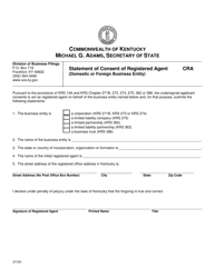 Form CRA Statement of Consent of Registered Agent (Domestic or Foreign Business Entity) - Kentucky