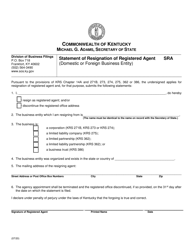 Form SRA Statement of Resignation of Registered Agent (Domestic or Foreign Business Entity) - Kentucky