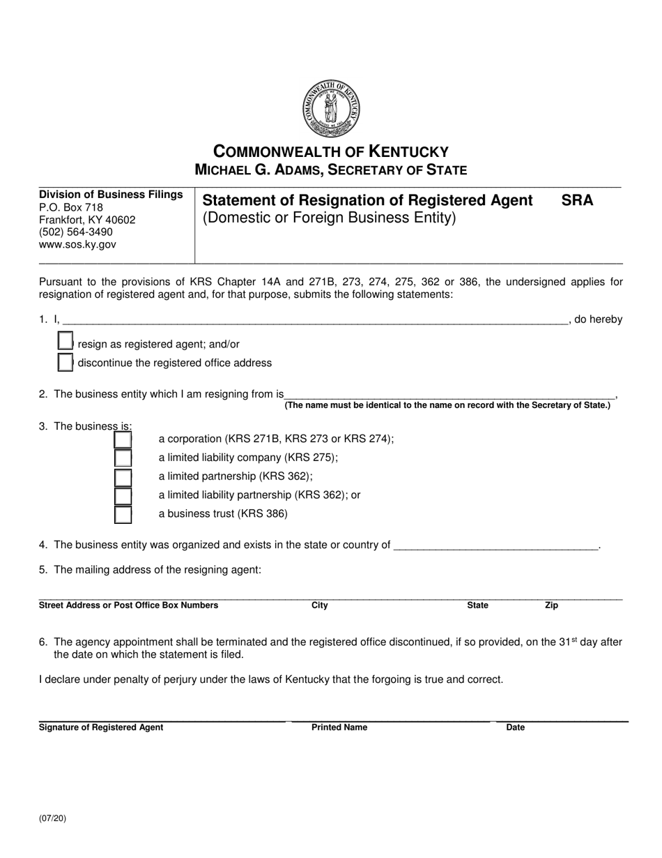Form SRA Statement of Resignation of Registered Agent (Domestic or Foreign Business Entity) - Kentucky, Page 1