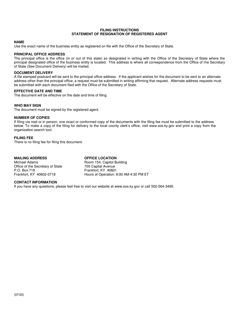 Form SRA Statement of Resignation of Registered Agent (Domestic or Foreign Business Entity) - Kentucky, Page 2