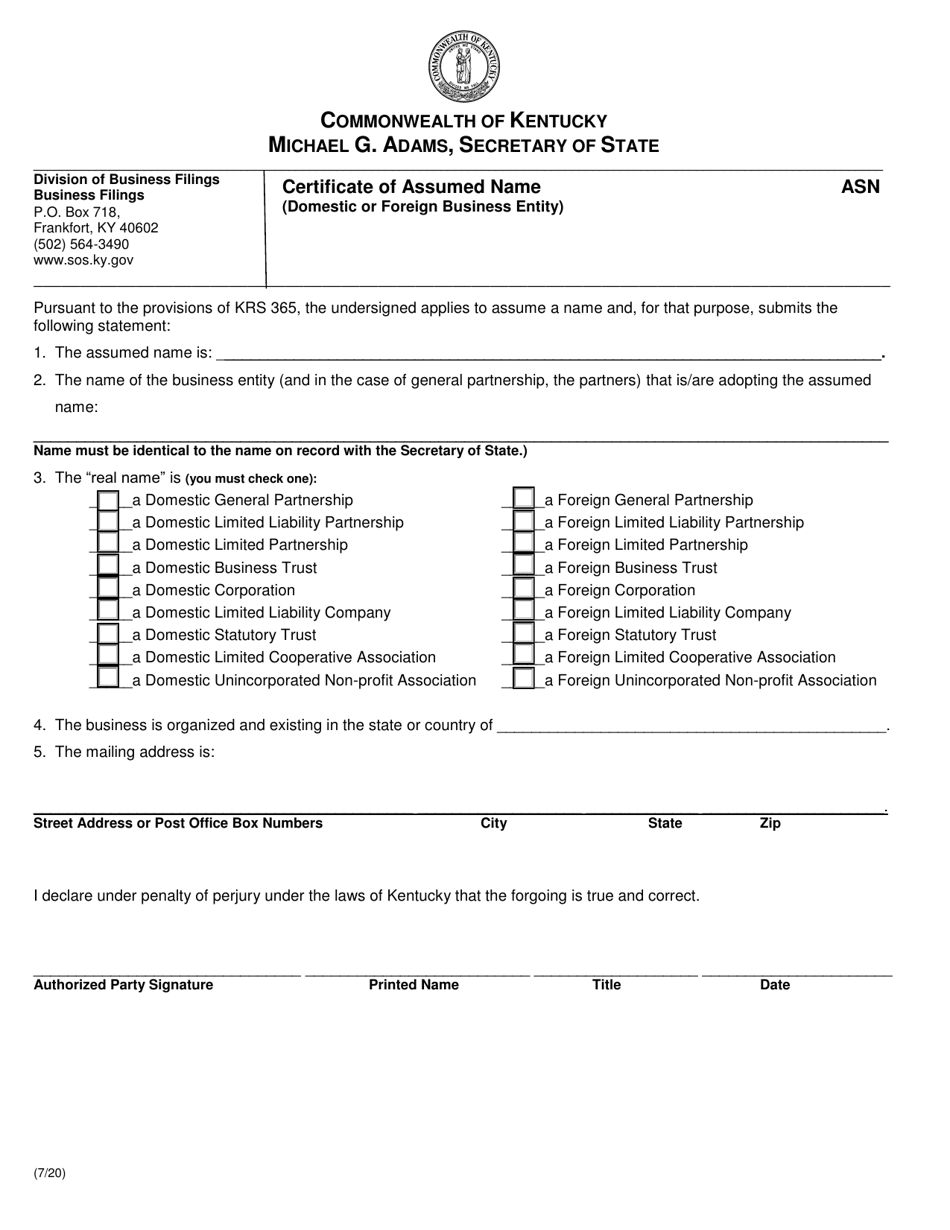 Form ASN Certificate of Assumed Name (Domestic or Foreign Business Entity) - Kentucky, Page 1