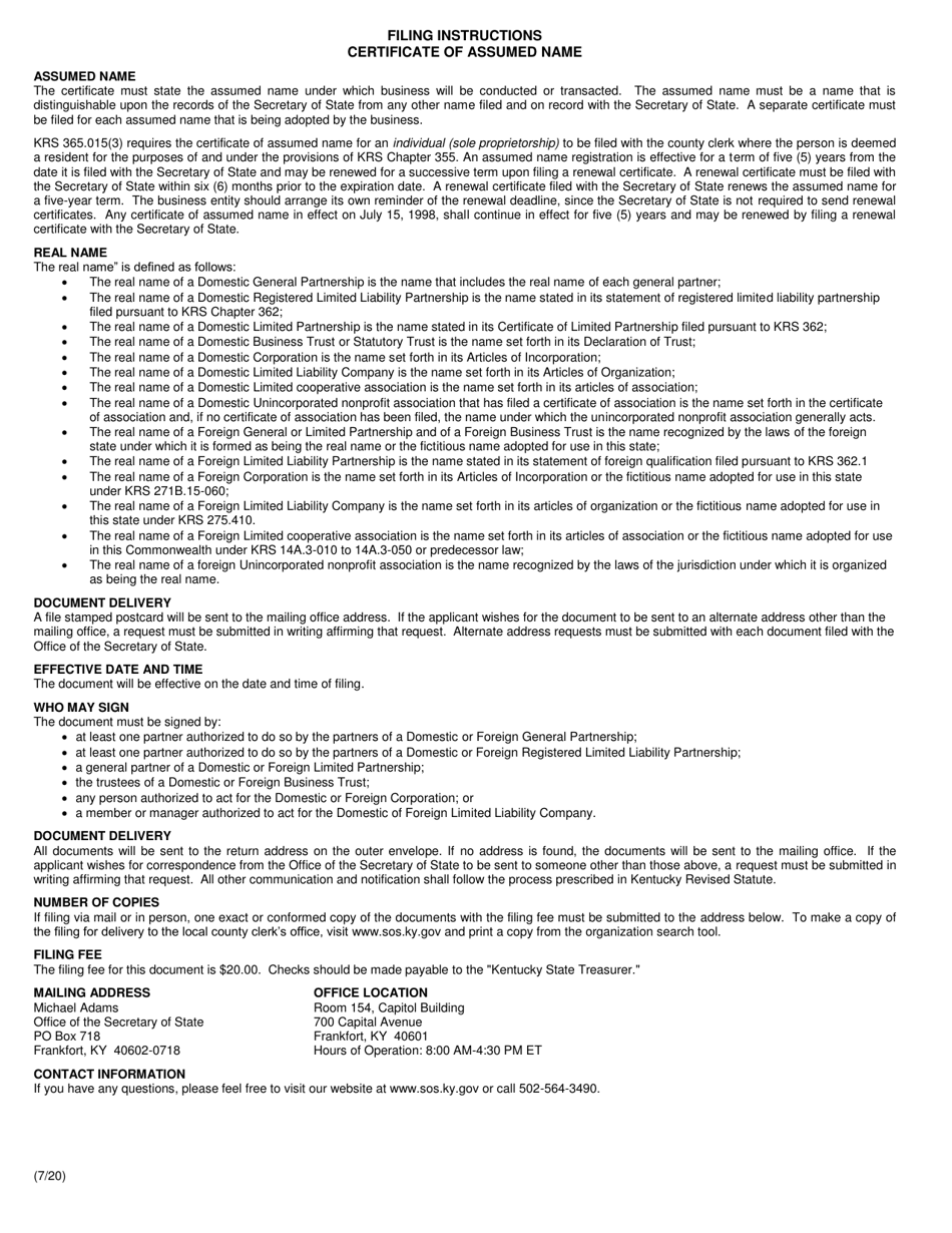 Form ASN Certificate of Assumed Name (Domestic or Foreign Business Entity) - Kentucky, Page 2
