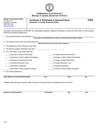 Form CWA &quot;Certificate of Withdrawal of Assumed Name&quot; - Kentucky