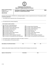 Form RAN Certificate of Renewal of Assumed Name - Kentucky