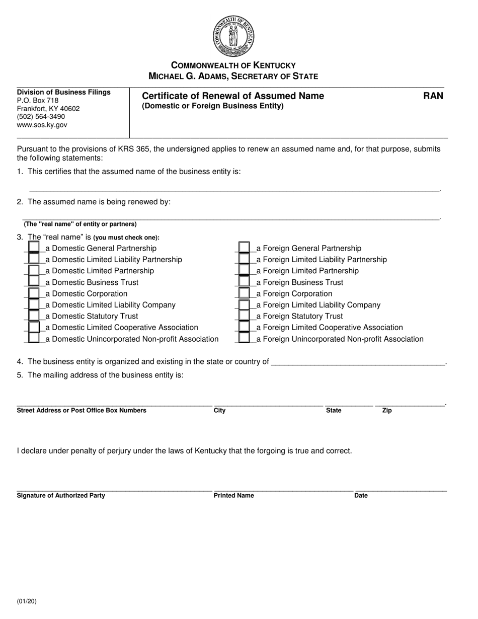 Form RAN Certificate of Renewal of Assumed Name - Kentucky, Page 1
