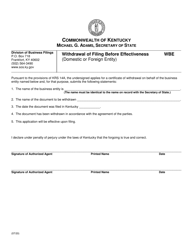 Form WBE Withdrawal of Filing Before Effectiveness (Domestic or Foreign Entity) - Kentucky