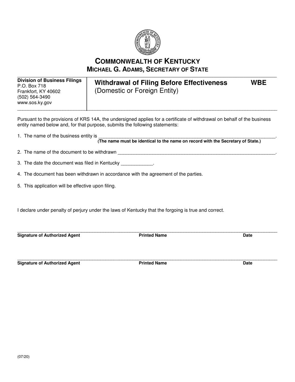 Form WBE Withdrawal of Filing Before Effectiveness (Domestic or Foreign Entity) - Kentucky, Page 1