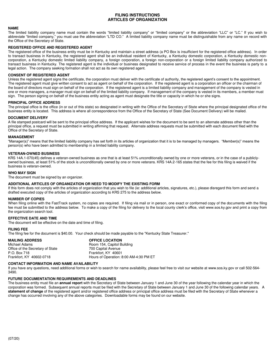 Form KLC Articles of Organization - Limited Liability Company - Kentucky, Page 2