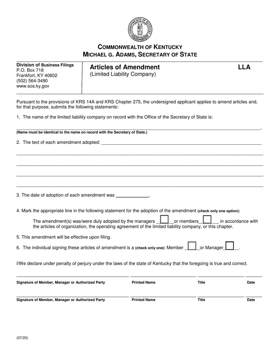 Form LLA Articles of Amendment (Limited Liability Company) - Kentucky, Page 1