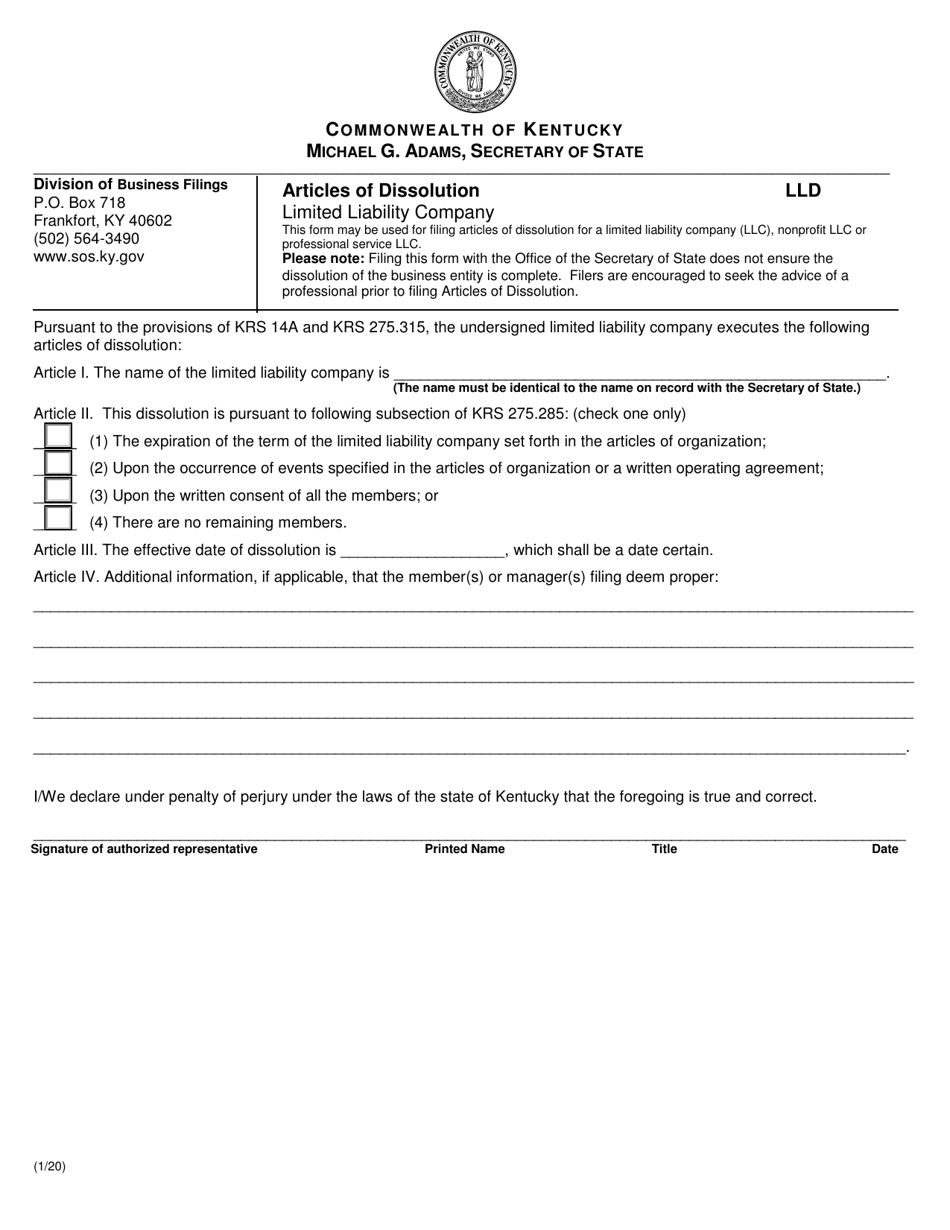Form LLD Articles of Dissolution (Limited Liability Company) - Kentucky, Page 1