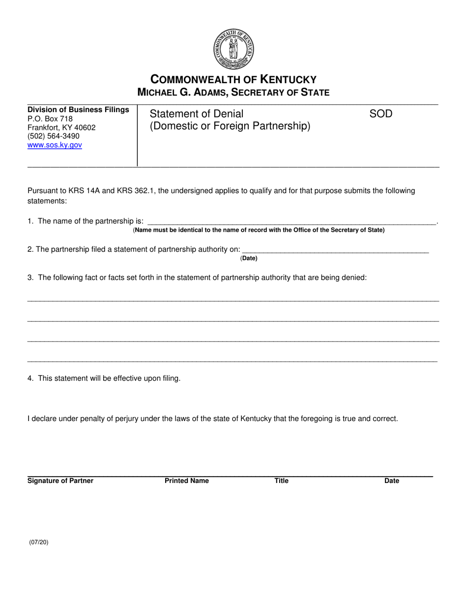 Form SOD Statement of Denial (Domestic or Foreign Partnership) - Kentucky, Page 1