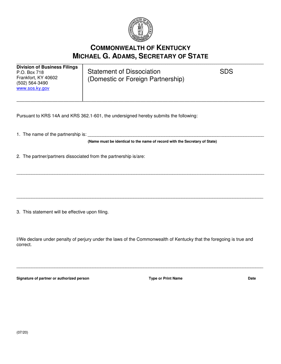 Form SDS Statement of Dissociation (Domestic or Foreign Partnership) - Kentucky, Page 1