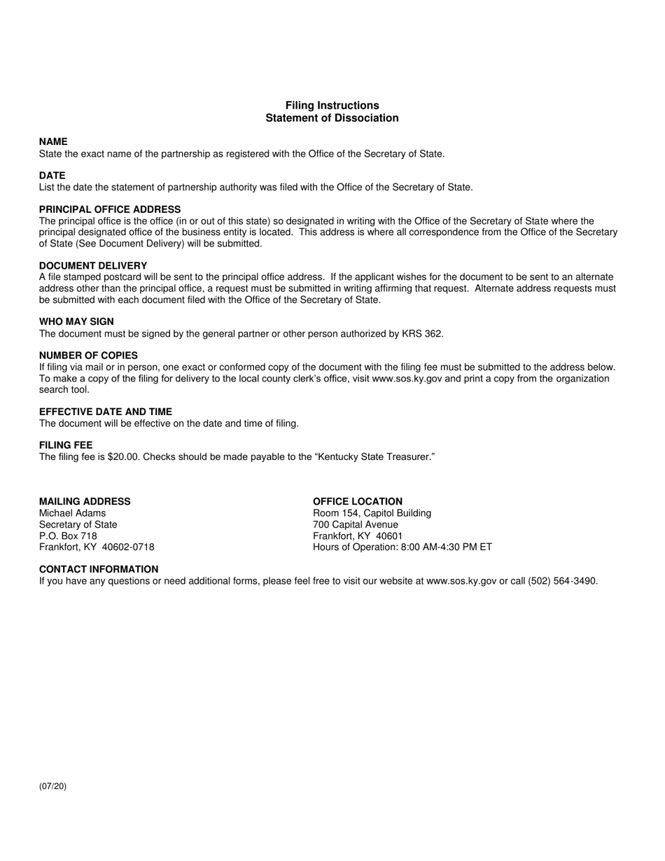 Form SDS Statement of Dissociation (Domestic or Foreign Partnership) - Kentucky, Page 2