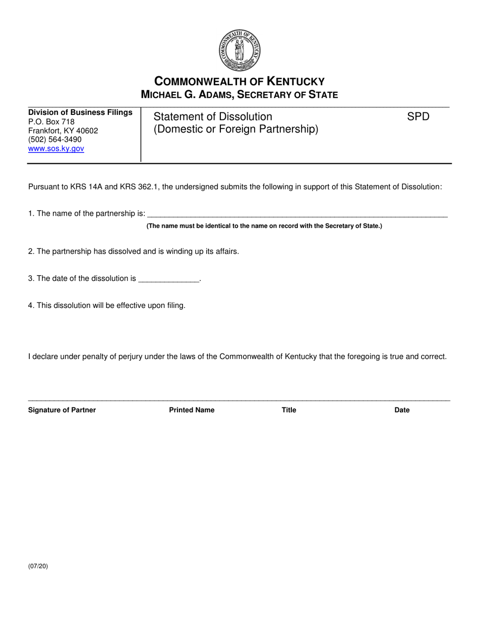 Form SPD Statement of Dissolution (Domestic or Foreign Partnership) - Kentucky, Page 1