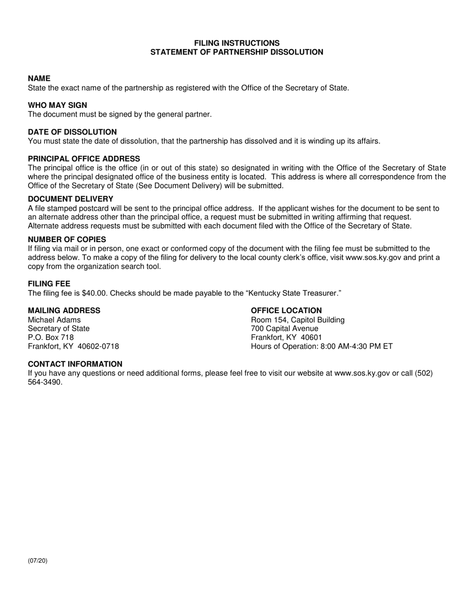 Form SPD Statement of Dissolution (Domestic or Foreign Partnership) - Kentucky, Page 2