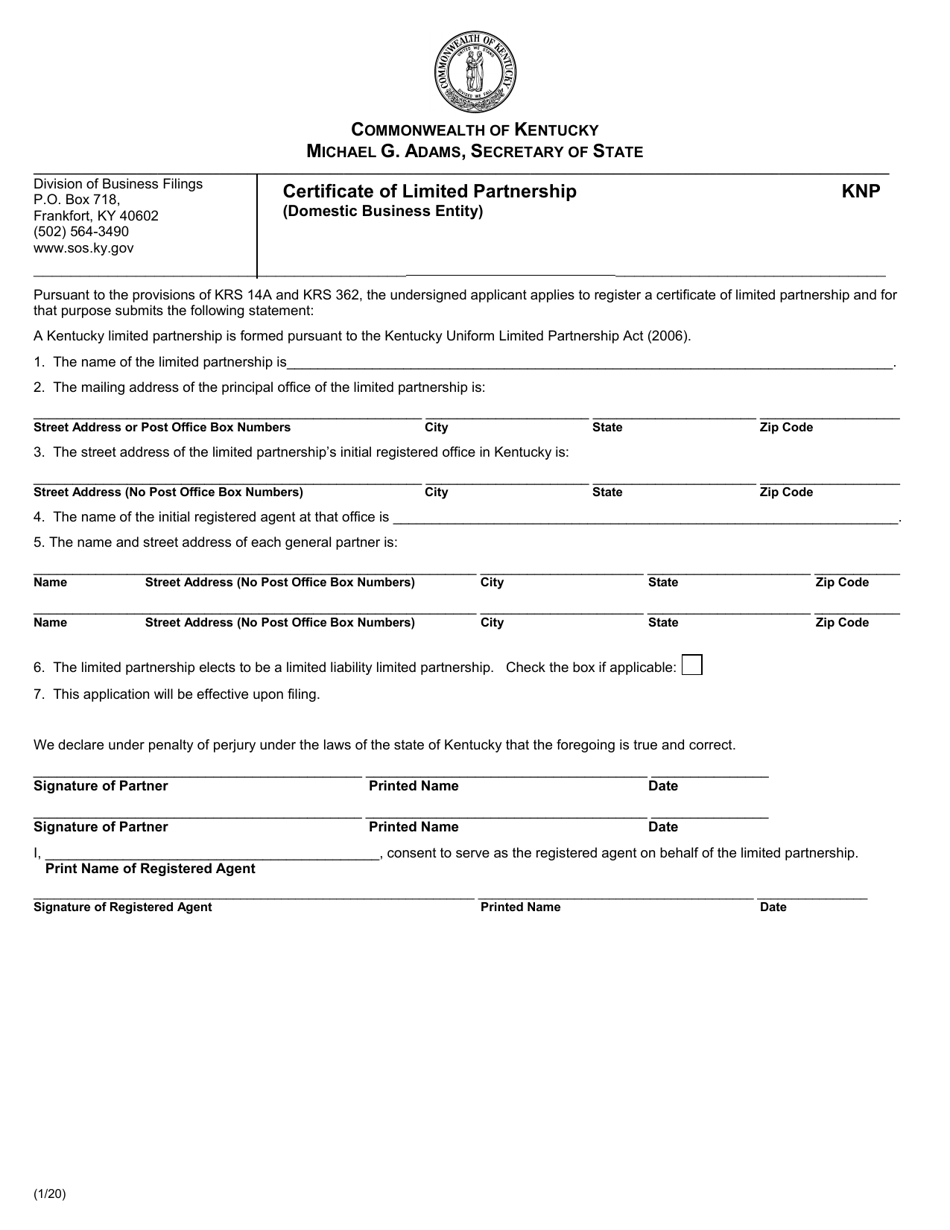 Form KNP Certificate of Limited Partnership (Domestic Business Entity) - Kentucky, Page 1
