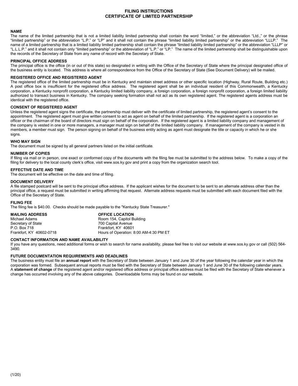 Form KNP Certificate of Limited Partnership (Domestic Business Entity) - Kentucky, Page 2