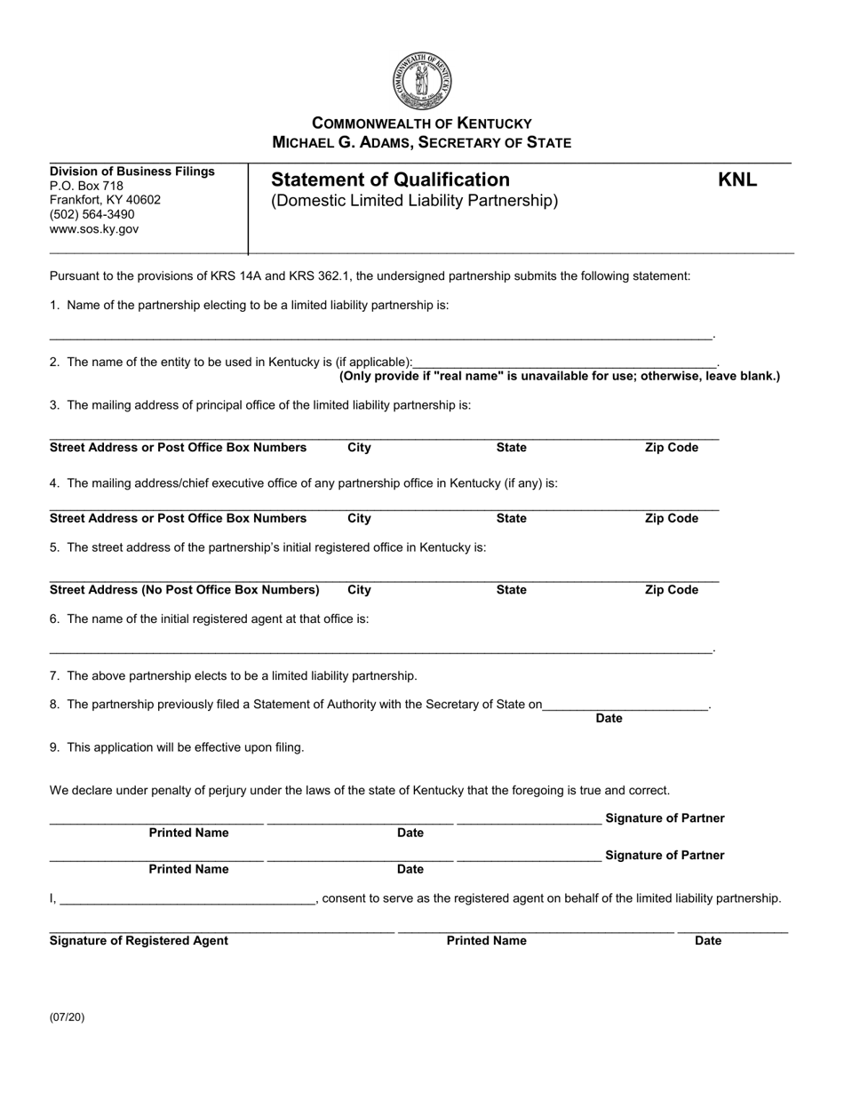 Form KNL Statement of Qualification (Domestic Limited Liability Partnership) - Kentucky, Page 1