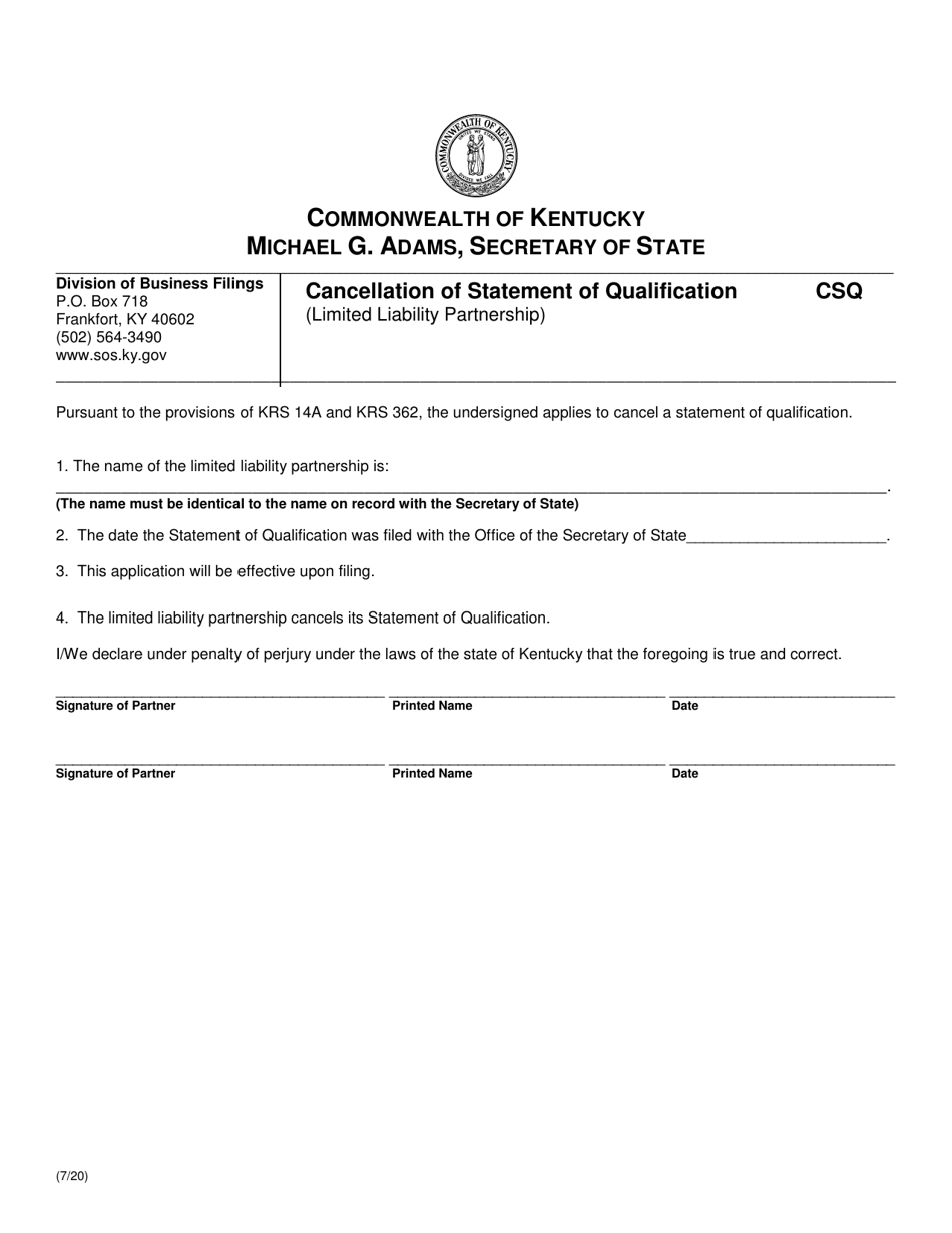Form CSQ Cancellation of Statement of Qualification (Limited Liability Partnership) - Kentucky, Page 1