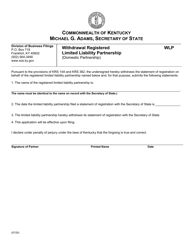 Form WLP Withdrawal of Registered Limited Liability Partnership (Domestic Partnership) - Kentucky