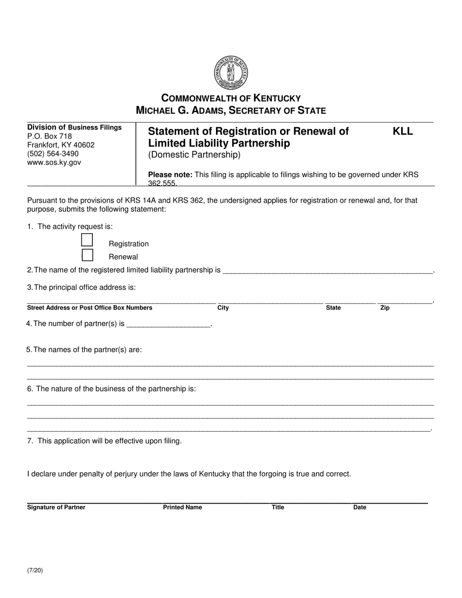 Form KLL Statement of Registration or Renewal of Limited Liability Partnership (Domestic Partnership) - Kentucky, Page 1