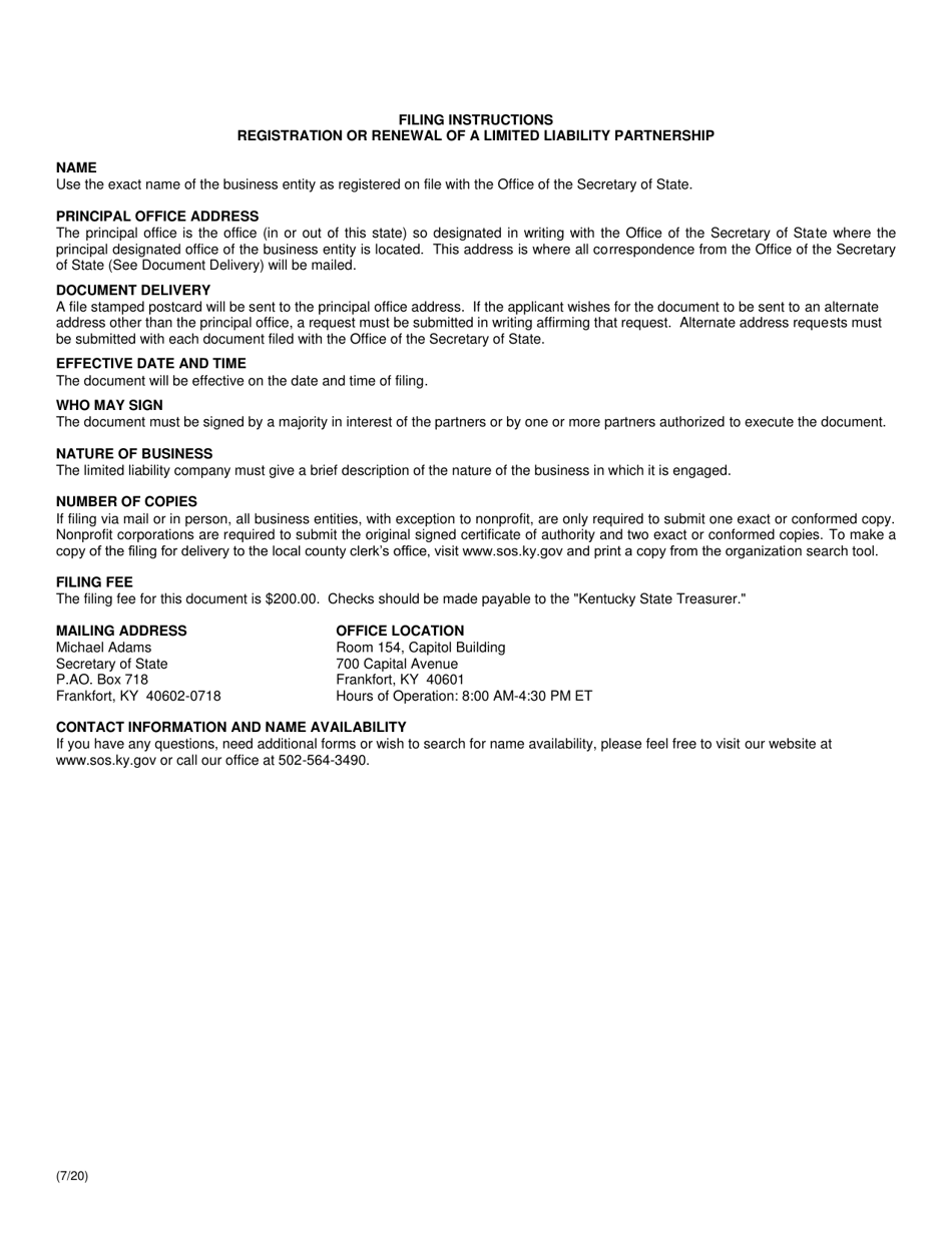 Form KLL Statement of Registration or Renewal of Limited Liability Partnership (Domestic Partnership) - Kentucky, Page 2