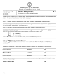 Form PLC Articles of Organization - Professional Limited Liability Company - Kentucky