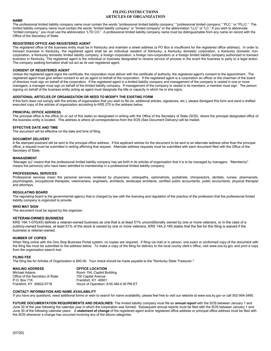Form PLC Articles of Organization - Professional Limited Liability Company - Kentucky, Page 2