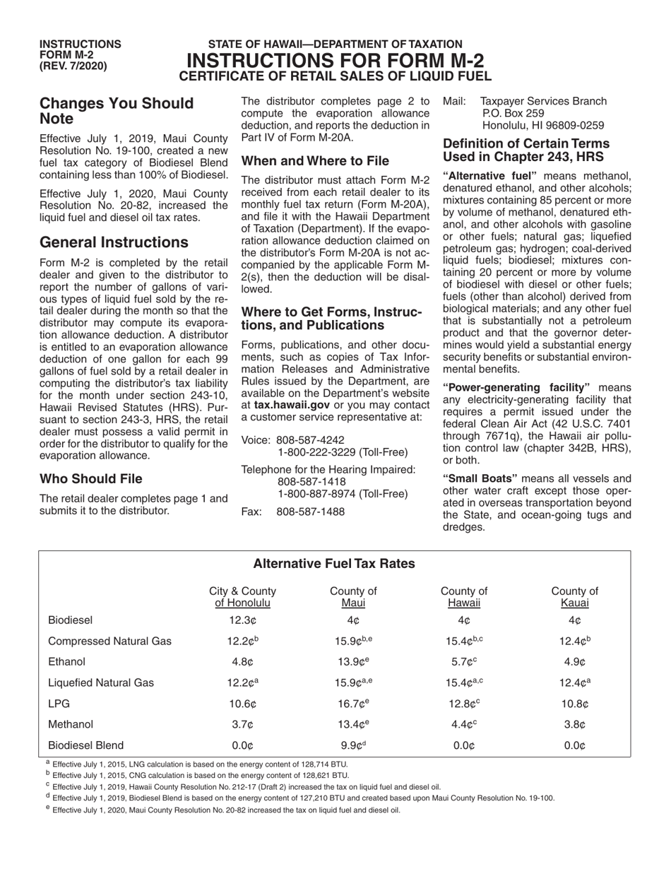 Instructions for Form M-2 Certificate of Retail Sales of Liquid Fuel - Hawaii, Page 1