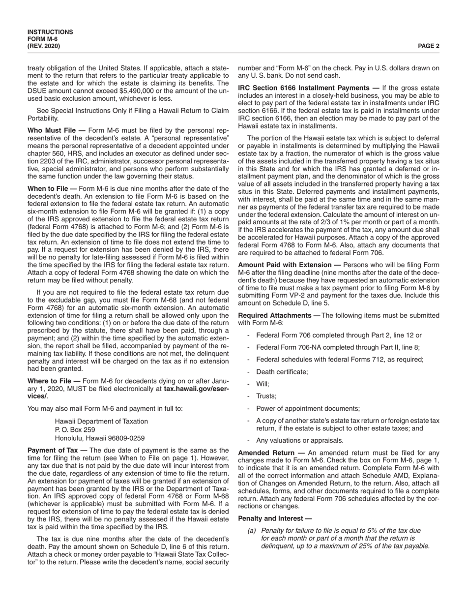 Instructions for Form M-6 Hawaii Estate Tax Return - Hawaii, Page 2