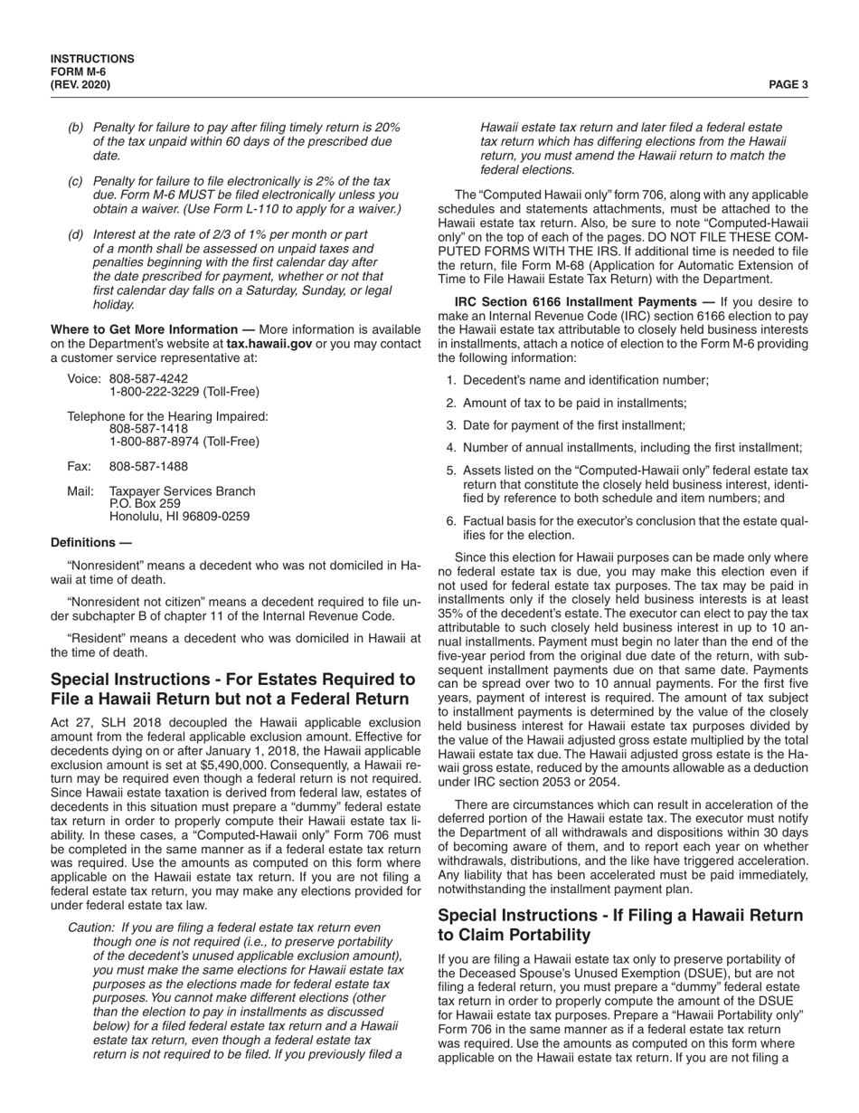 Instructions for Form M-6 Hawaii Estate Tax Return - Hawaii, Page 3