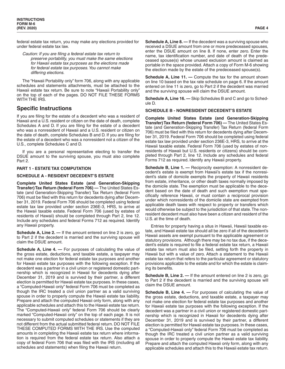 Instructions for Form M-6 Hawaii Estate Tax Return - Hawaii, Page 4