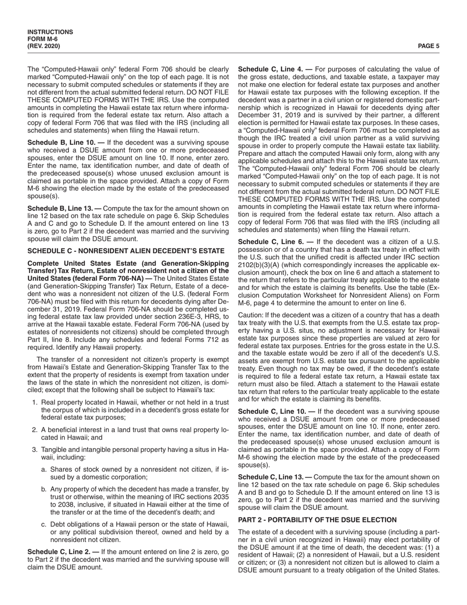 Instructions for Form M-6 Hawaii Estate Tax Return - Hawaii, Page 5