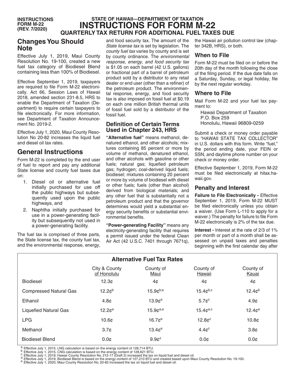 Instructions for Form M-22 Quarterly Tax Return for Additional Fuel Taxes Due - Hawaii, Page 1
