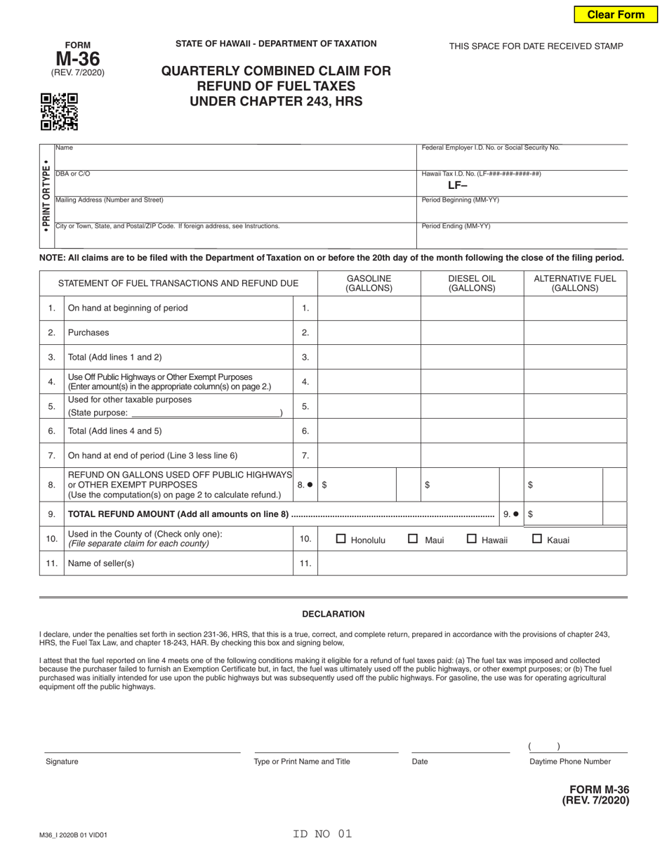 Form M-36 Quarterly Combined Claim for Refund of Fuel Taxes Under Chapter 243, Hrs - Hawaii, Page 1