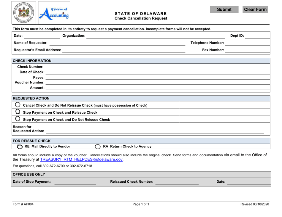 Form AP004 Check Cancellation Request - Delaware, Page 1