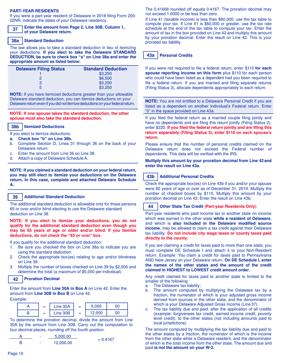 Instructions for Form 200-02 Delaware Individual Non-resident Income Tax Return - Delaware, Page 10