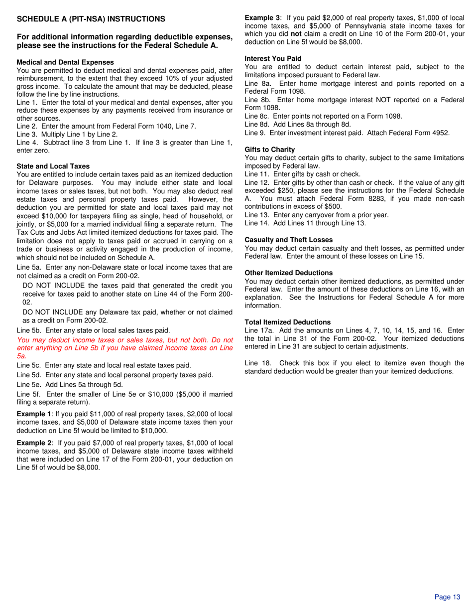 Instructions for Form 200-02 Delaware Individual Non-resident Income Tax Return - Delaware, Page 13