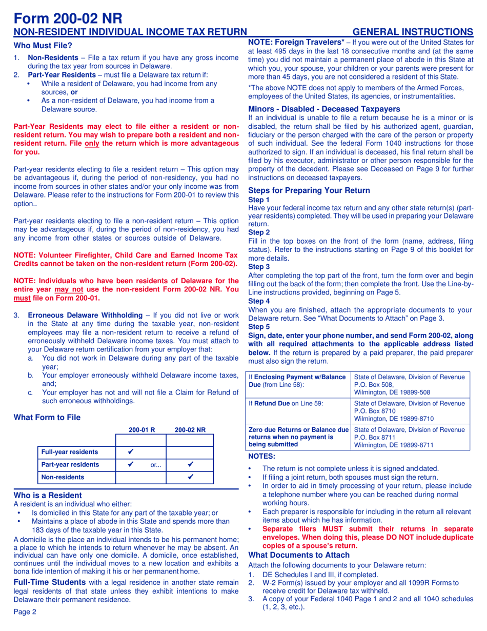 Instructions for Form 200-02 Delaware Individual Non-resident Income Tax Return - Delaware, Page 2