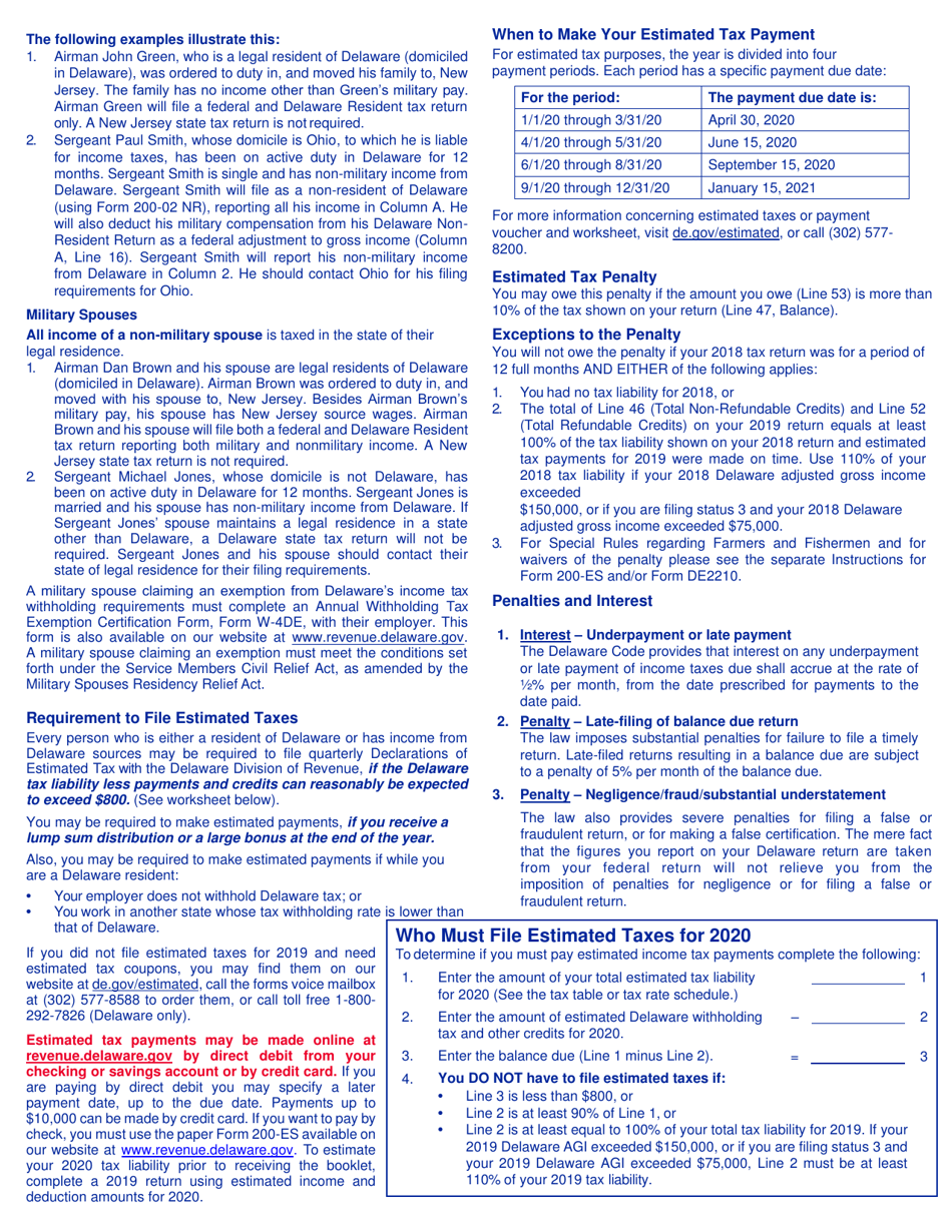 Instructions for Form 200-02 Delaware Individual Non-resident Income Tax Return - Delaware, Page 4