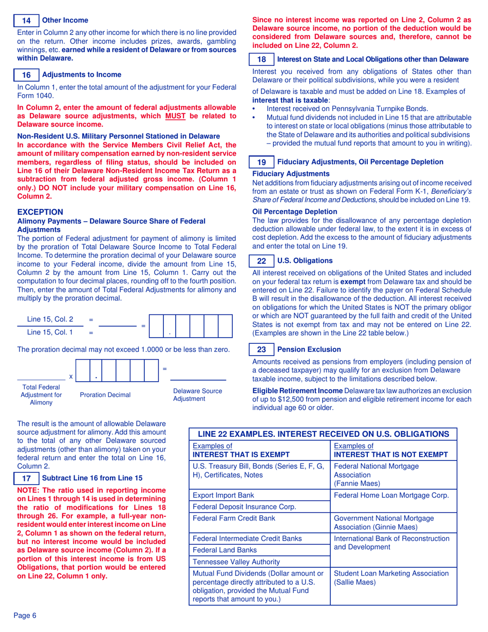 Instructions for Form 200-02 Delaware Individual Non-resident Income Tax Return - Delaware, Page 6